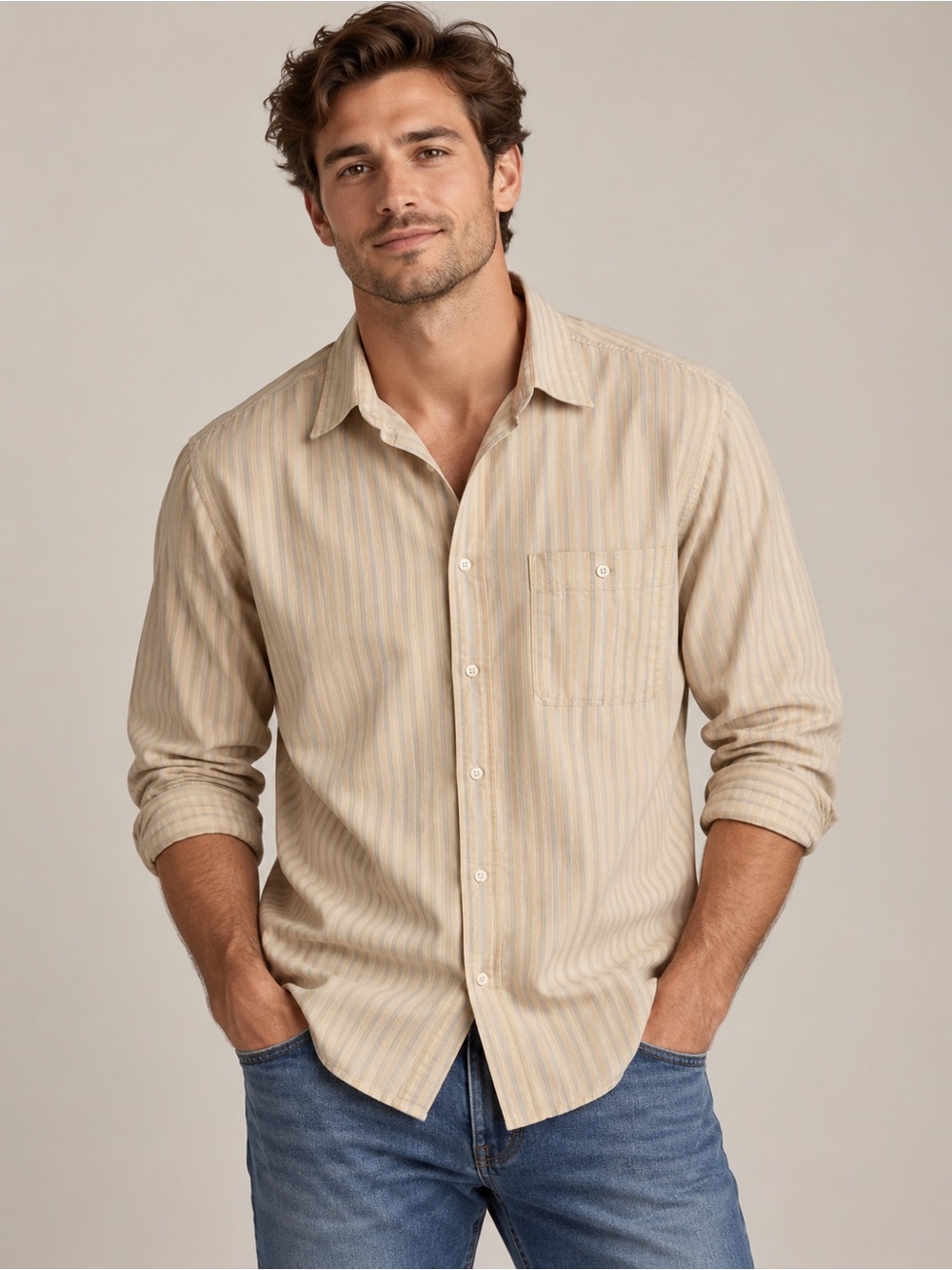 Giorgio Armani Beige Striped Casual Button-Down Shirt